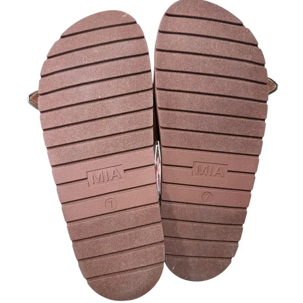 MIA Tibby Western Cow Print Double Buckle Slide Sandals Brown Pink Size 7
